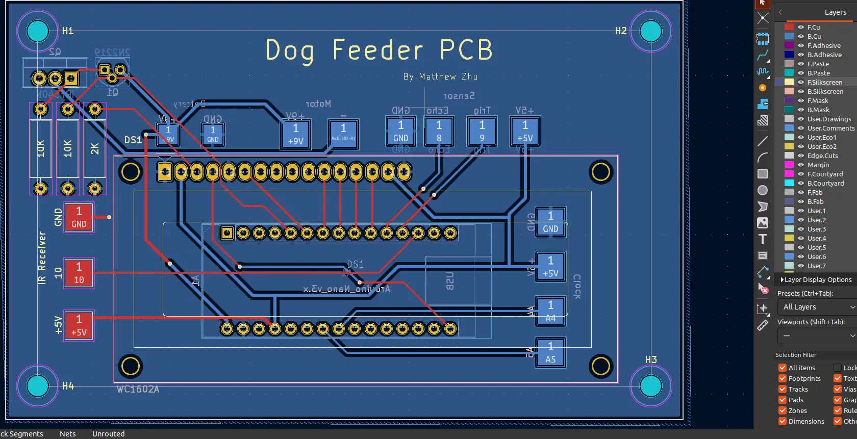 Image of the dog feeder PCB in KiCAD